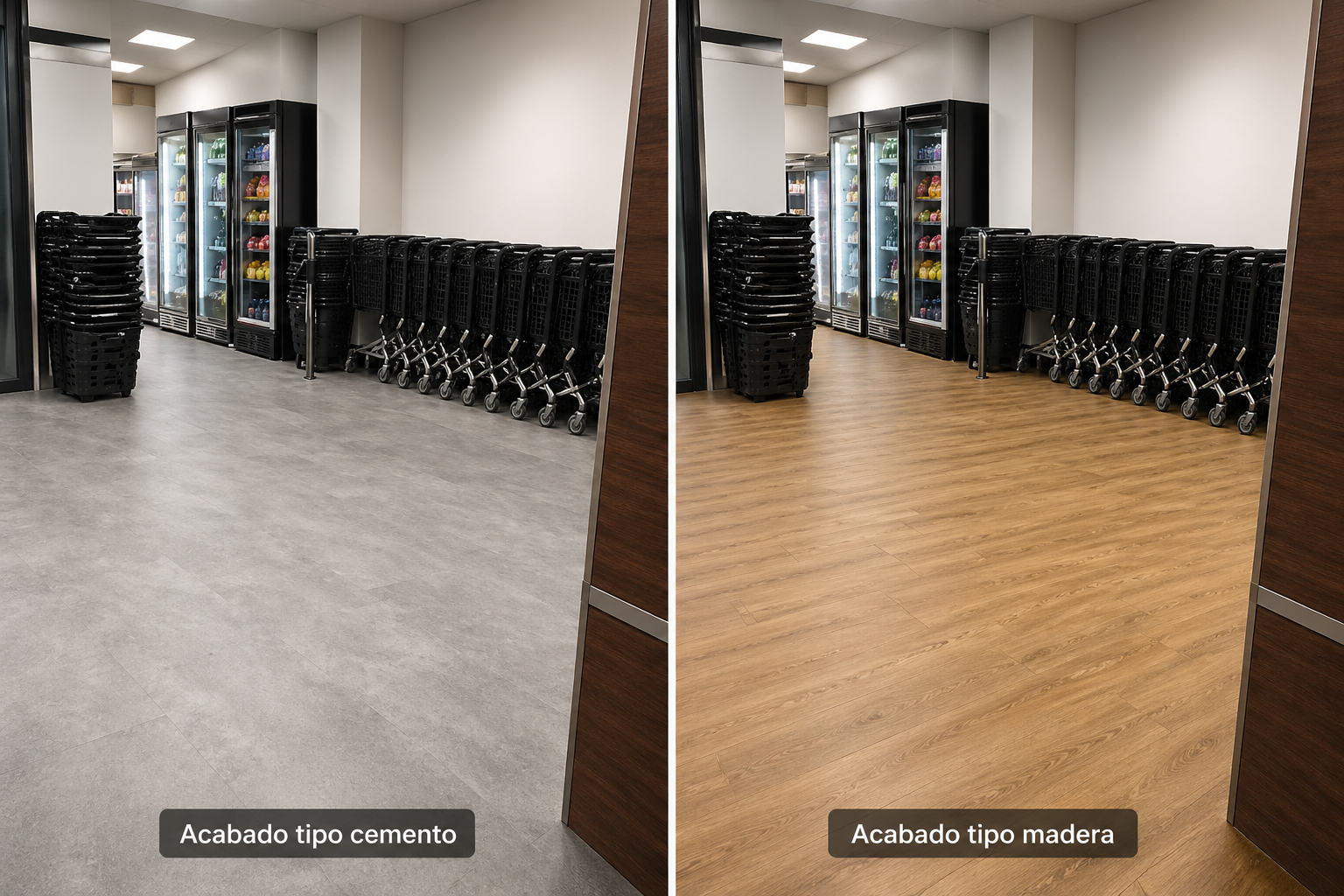 Comparativa de acabados en pavimento técnico para supermercados: cemento y madera