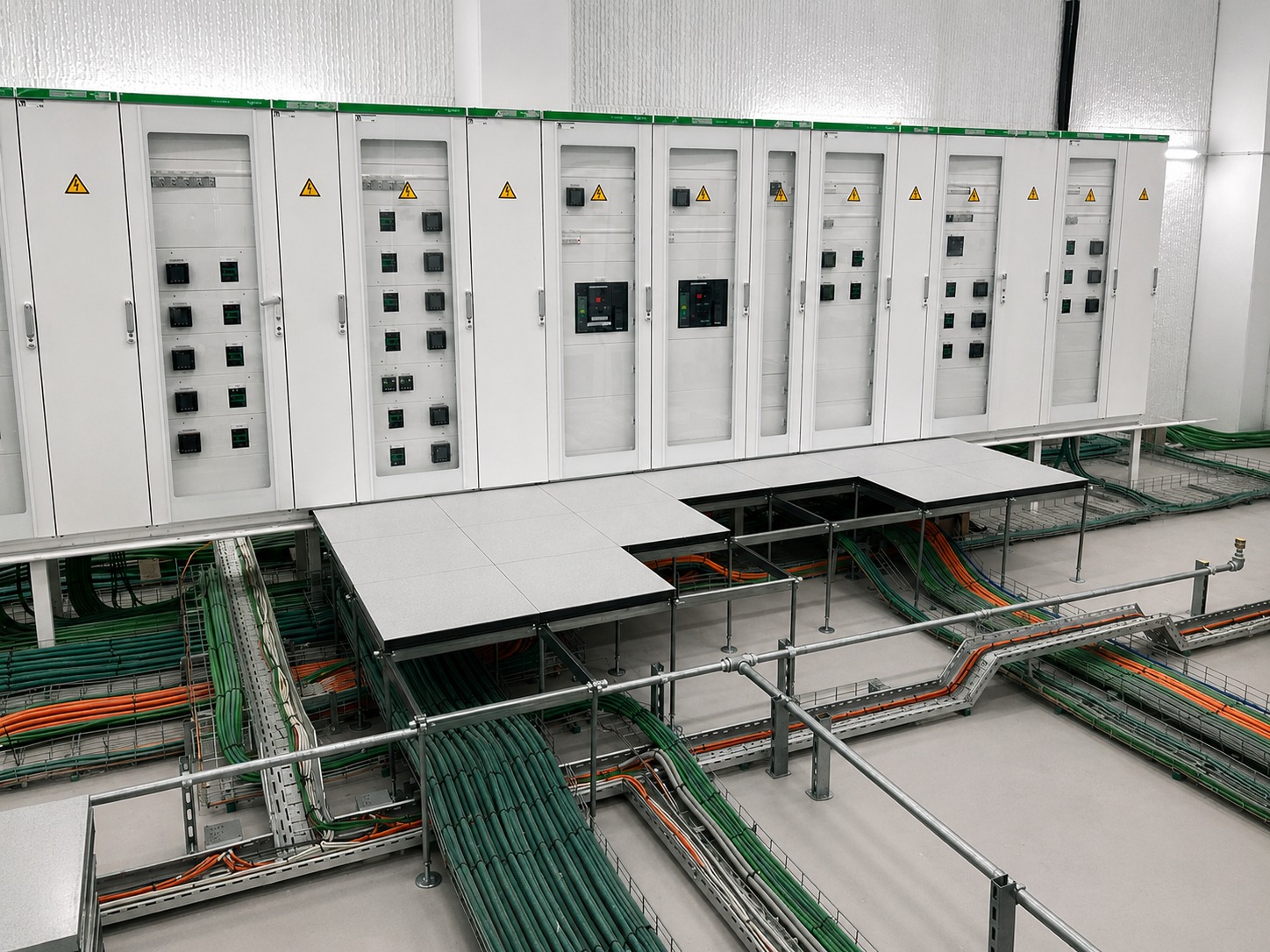Suelo técnico elevado en sala de cuadros eléctricos con cableado registrable